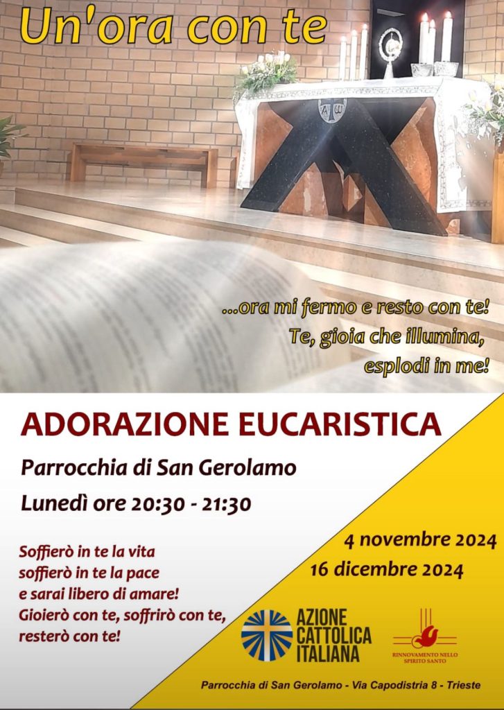 Ritorna l'appuntamento mensile dell'Adorazione eucaristica organizzata dai gruppi Rinnovamento nello Spirito e AC parrocchiali, aperta a tutti. Ore 20.30-21.30.